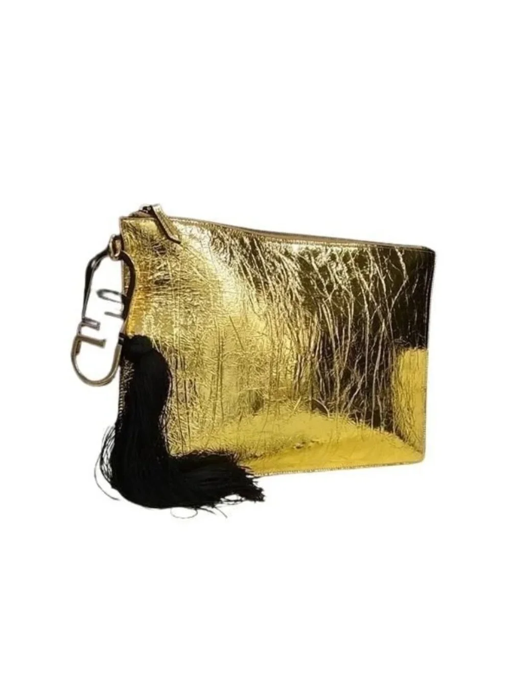 Fendi Clutch Large Flat Pouch Gold Leather Tassel